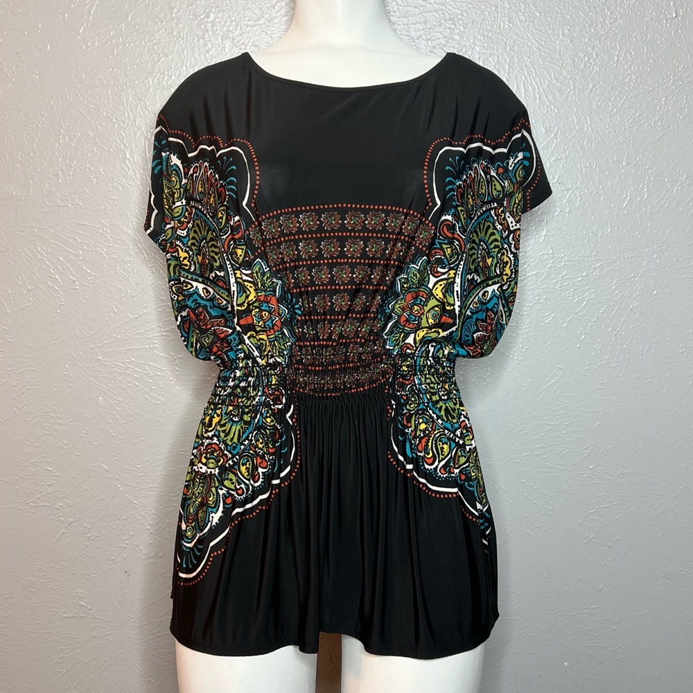 Black & Colorful Patterned Cinched Waist Elastic Detail. Size Medium